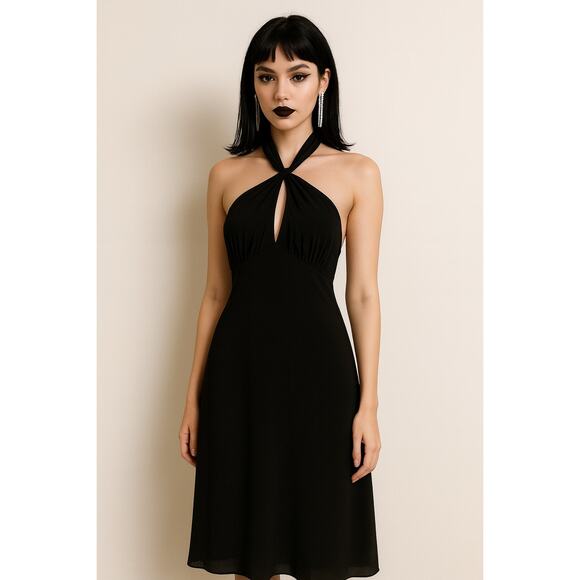 Vintage Halter Midi Slip Dress Chiffon 8 Blck Babydoll Whimsigoth Y2K Holiday - Picture 1 of 7